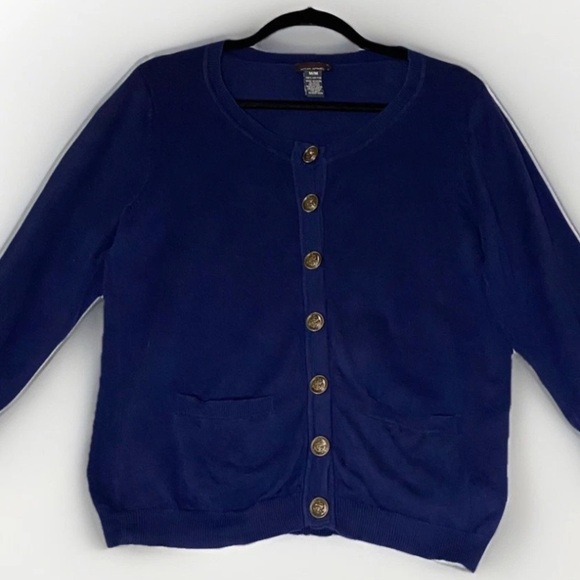 Navy Cardigan Sweater Gold Nautical Sailor Button Sz M Academia Career Office - Picture 1 of 6